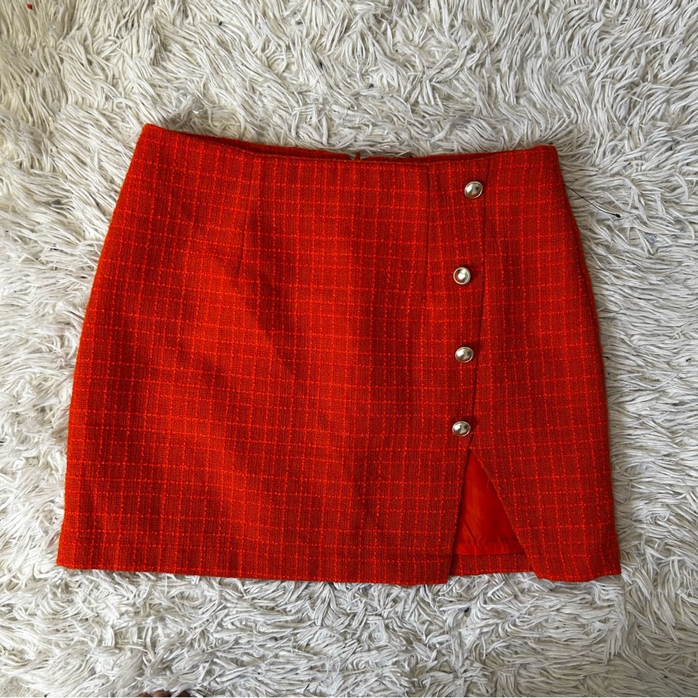 Only Red Tweed Mini Skirt with Button Detail